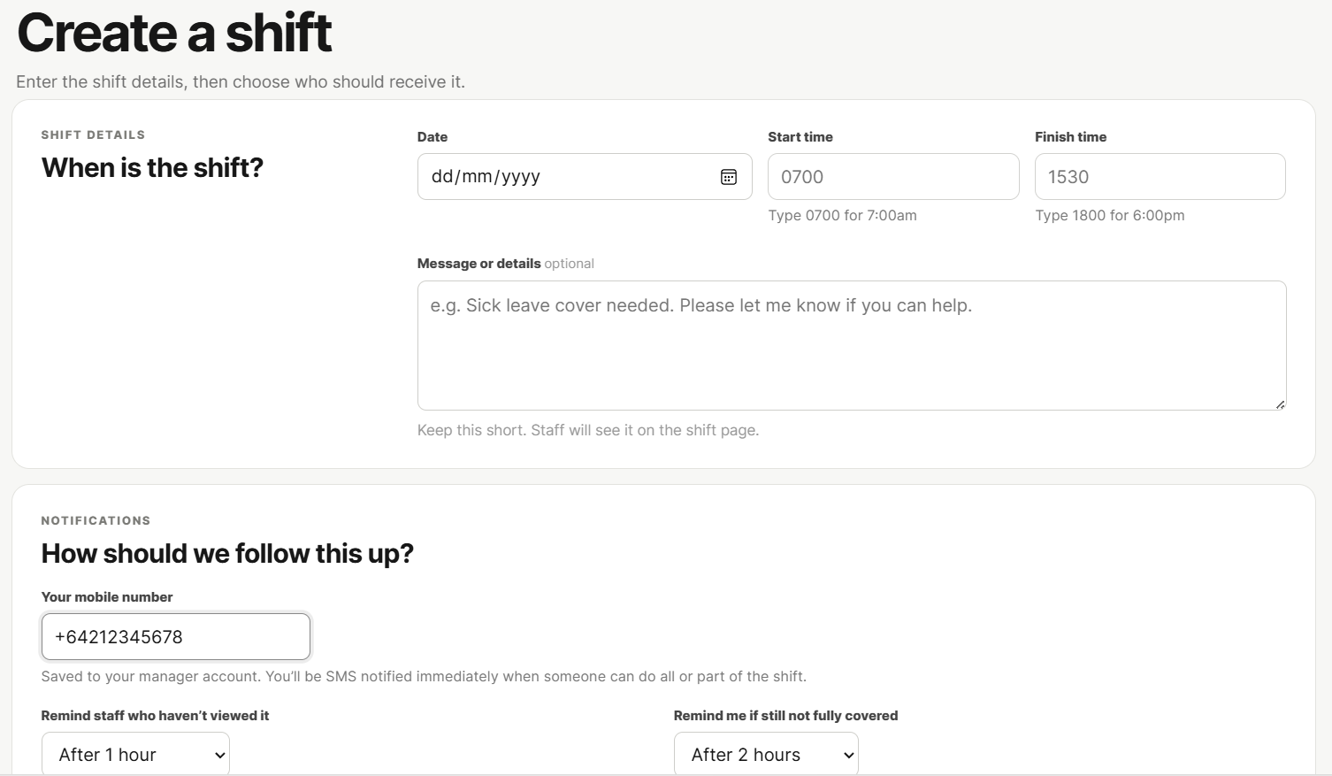 Shifts Made Saasy create a shift screen showing shift details and notification options